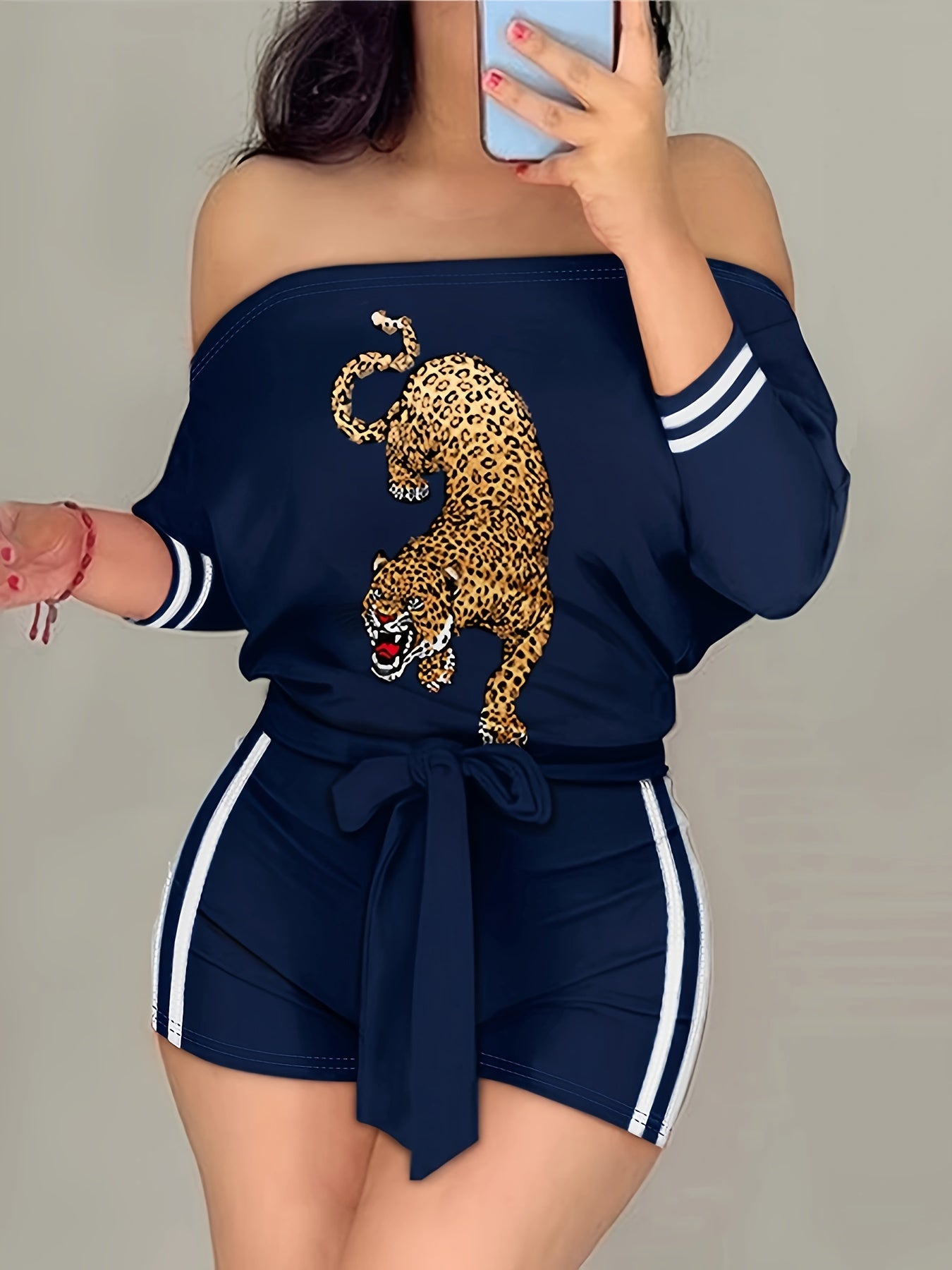 Chic Animal Print & Striped Off Shoulder Romper Jumpsuit - Flattering Tie Waist, Long Sleeve, Backless Style - Perfect Casual Wear for Women
